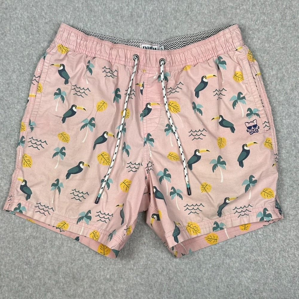 Party Pants Swim Trunks Men M Pink Toucans 5" Unlined Pockets Toucans Tropical